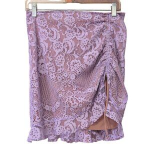 For the Love of Lemons Mini Skirt in a Lace Floral Purple zip up Back Side Tie